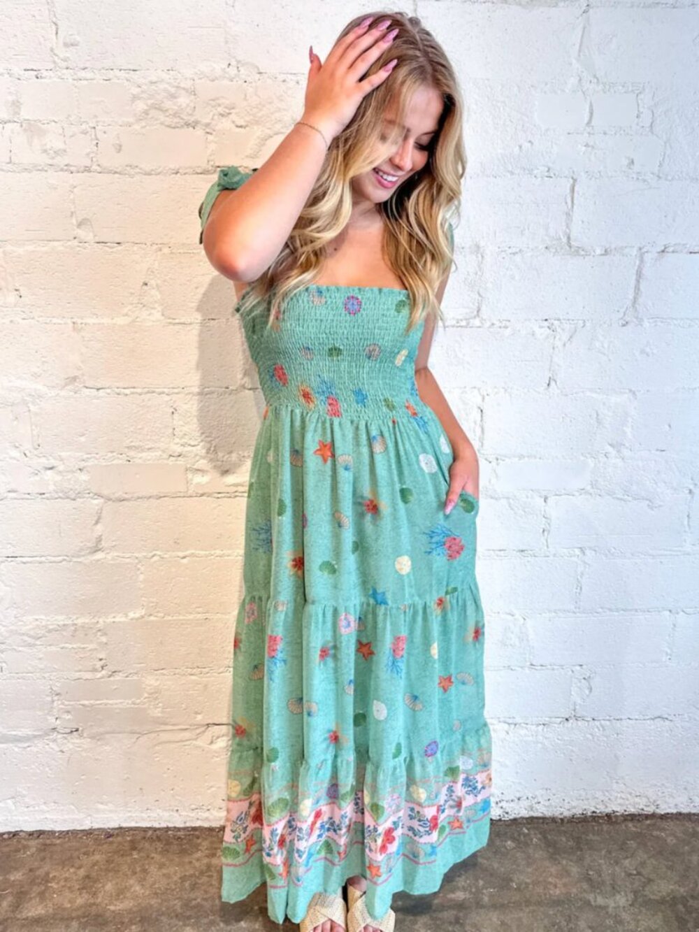 Olivaceous Maxi Dress Green Blue Mermaid Garden Seashell Smocked Pockets M NWT